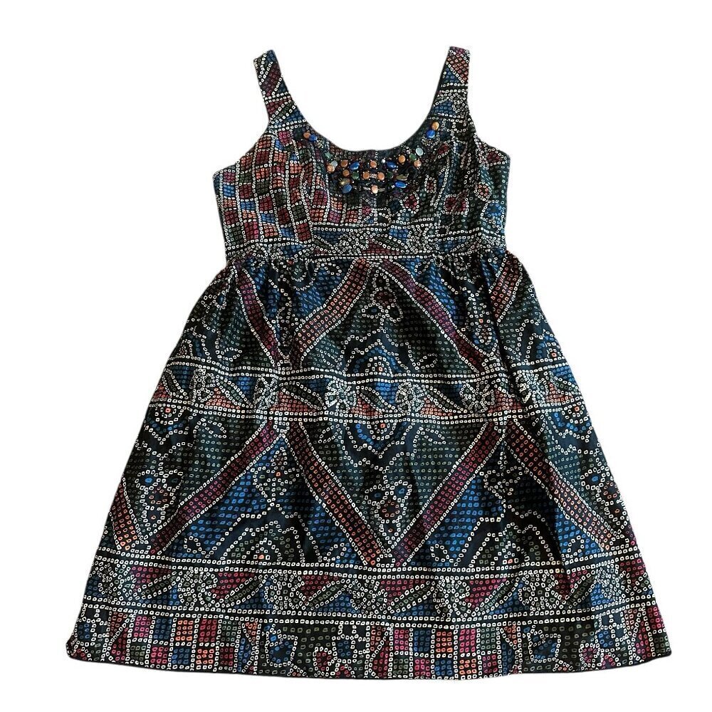 Anna Sui Anthropologie Tesserae Mosaic Beaded A-Line Dress Tribal Party Size 10